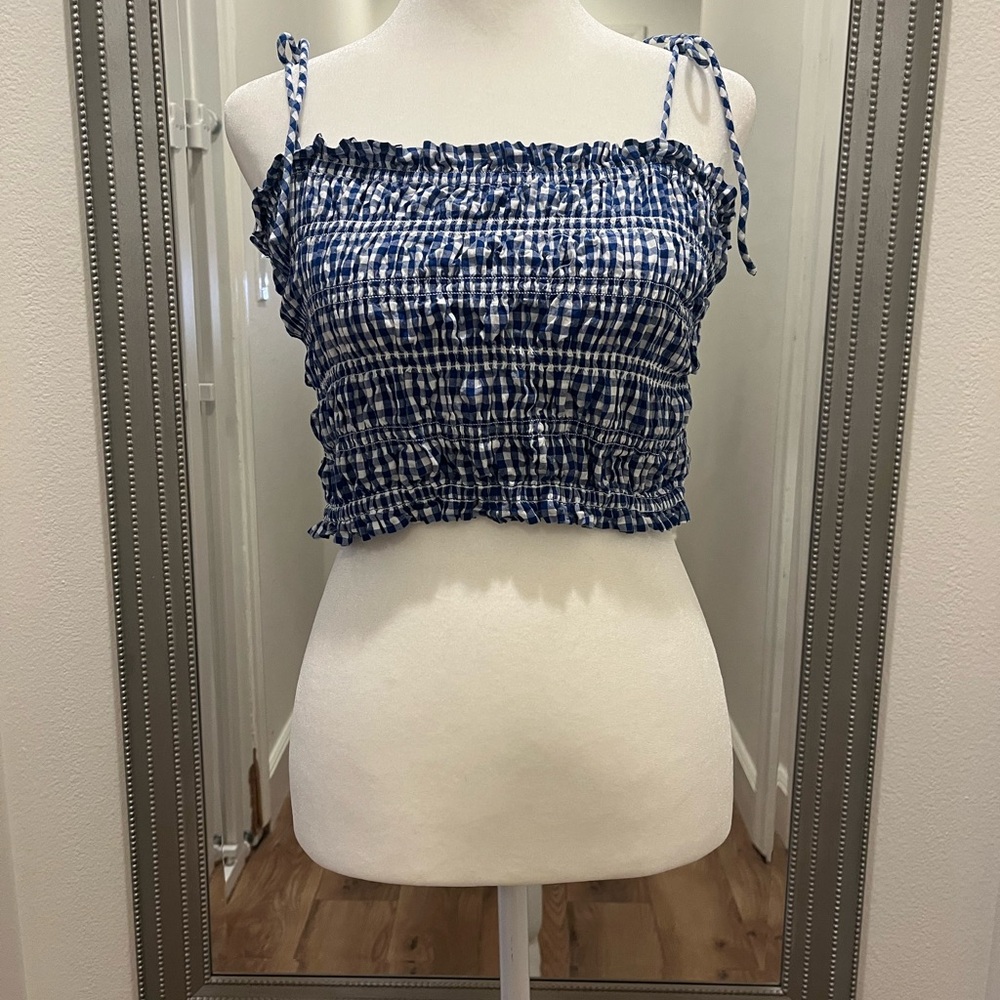 Blue Gingham Smocked Crop Top M